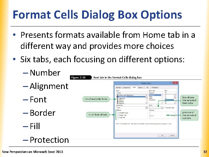 Format Cells Dialog Box Options XP • Presents formats available from Home tab in