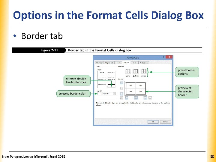 XP Options in the Format Cells Dialog Box • Border tab New Perspectives on XP Options in the Format Cells Dialog Box • Border tab New Perspectives on