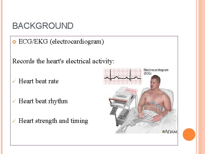 BACKGROUND ECG/EKG (electrocardiogram) Records the heart's electrical activity: ü Heart beat rate ü Heart