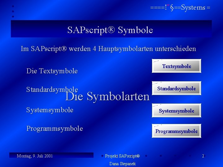 ====!"§==Systems = SAPscript Symbole Im SAPscript werden 4 Hauptsymbolarten unterschieden Textsymbole Die Textsymbole Standardsymbole