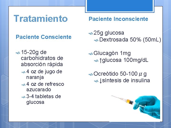 Tratamiento Paciente Consciente 15 -20 g Paciente Inconsciente 25 g glucosa Dextrosada 50% (50