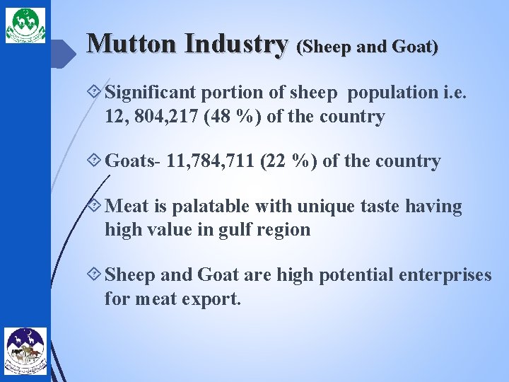Mutton Industry (Sheep and Goat) Significant portion of sheep population i. e. 12, 804,