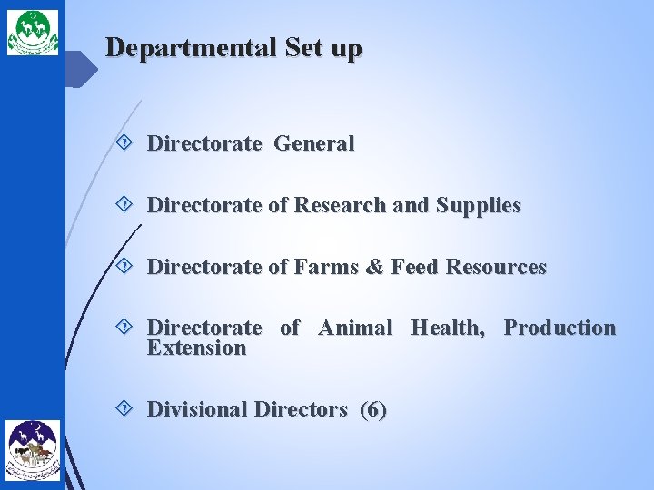 Departmental Set up Directorate General Directorate of Research and Supplies Directorate of Farms &