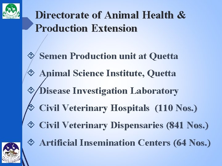Directorate of Animal Health & Production Extension Semen Production unit at Quetta Animal Science