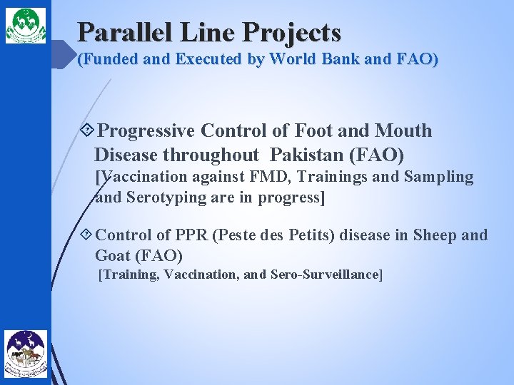 Parallel Line Projects (Funded and Executed by World Bank and FAO) Progressive Control of
