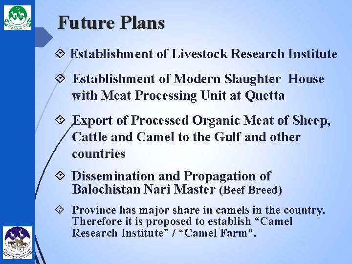 Future Plans Establishment of Livestock Research Institute Establishment of Modern Slaughter House with Meat