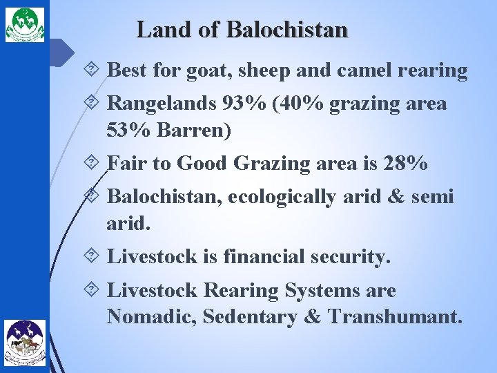 Land of Balochistan Best for goat, sheep and camel rearing Rangelands 93% (40% grazing