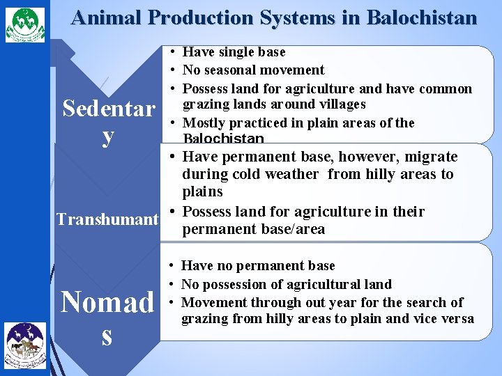 Animal Production Systems in Balochistan Sedentar y • Have single base • No seasonal