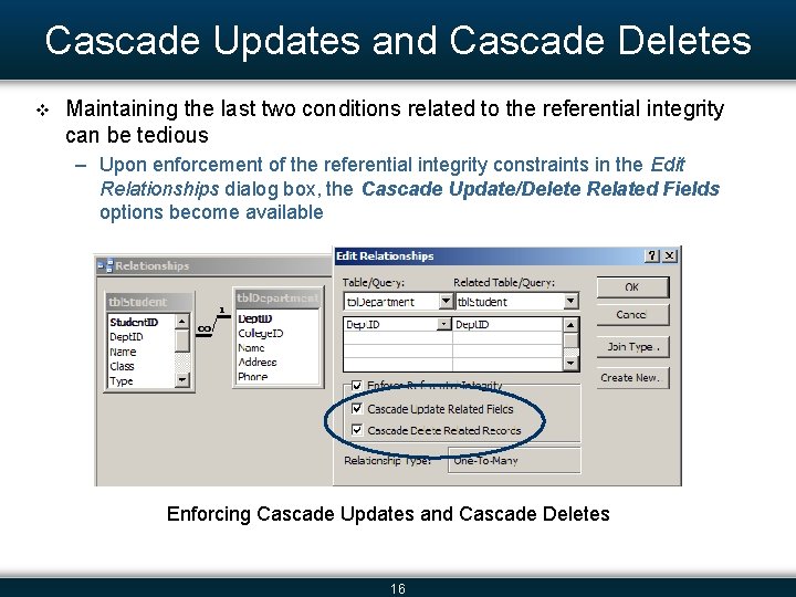 Cascade Updates and Cascade Deletes v Maintaining the last two conditions related to the