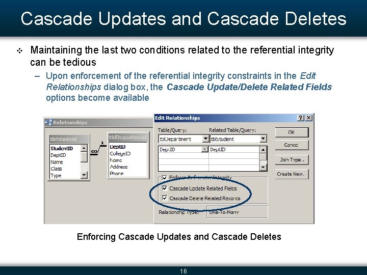 Cascade Updates and Cascade Deletes v Maintaining the last two conditions related to the