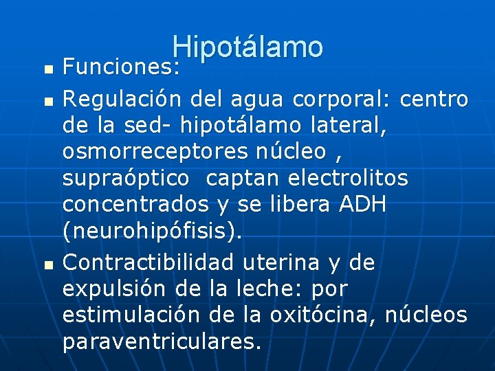 n n n Hipotálamo Funciones: Regulación del agua corporal: centro de la sed- hipotálamo