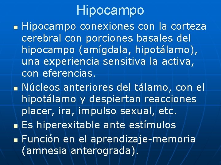 Hipocampo n n Hipocampo conexiones con la corteza cerebral con porciones basales del hipocampo