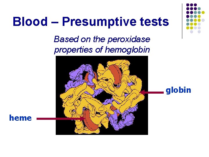 Blood – Presumptive tests Based on the peroxidase properties of hemoglobin heme 