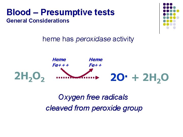 Blood – Presumptive tests General Considerations heme has peroxidase activity Heme Fe+++ 2 H