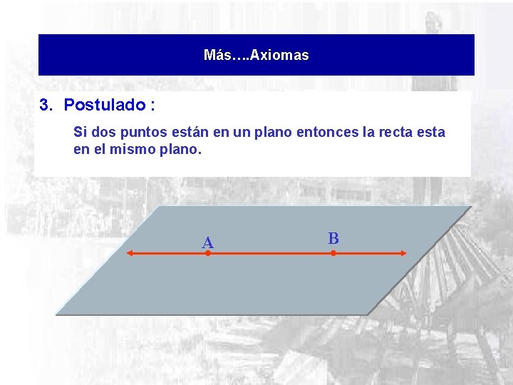 Más…. Axiomas 3. Postulado : Si dos puntos están en un plano entonces la