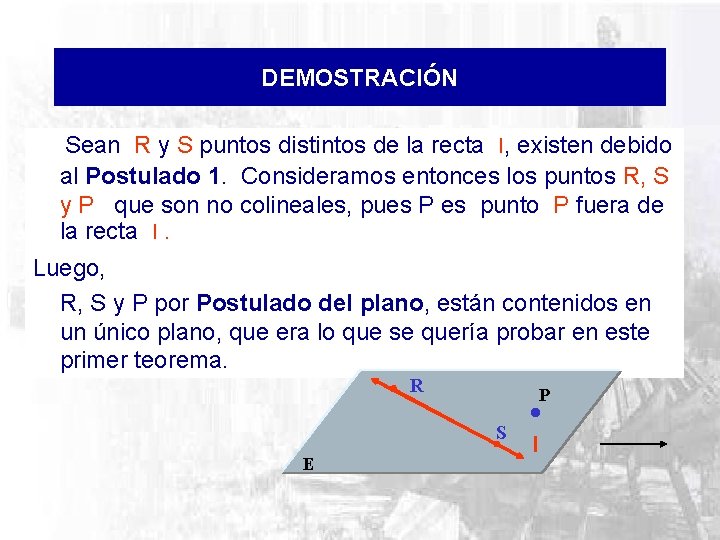 DEMOSTRACIÓN Sean R y S puntos distintos de la recta l, existen debido al