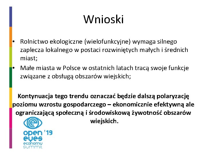 Wnioski • Rolnictwo ekologiczne (wielofunkcyjne) wymaga silnego zaplecza lokalnego w postaci rozwiniętych małych i