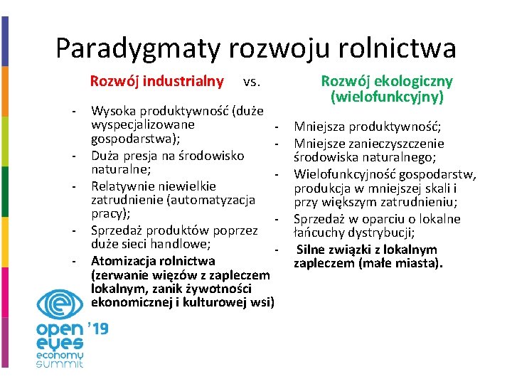 Paradygmaty rozwoju rolnictwa Rozwój industrialny - vs. Wysoka produktywność (duże wyspecjalizowane gospodarstwa); Duża presja