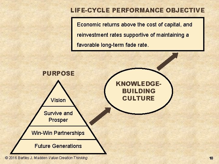 LIFE-CYCLE PERFORMANCE OBJECTIVE Economic returns above the cost of capital, and reinvestment rates supportive