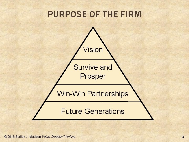 PURPOSE OF THE FIRM Vision Survive and Prosper Win-Win Partnerships Future Generations © 2016