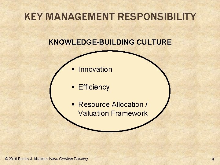 KEY MANAGEMENT RESPONSIBILITY KNOWLEDGE-BUILDING CULTURE § Innovation § Efficiency § Resource Allocation / Valuation