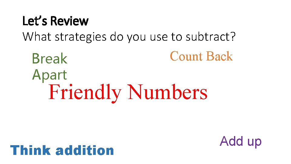 Let’s Review What strategies do you use to subtract? Count Back Break Apart Friendly