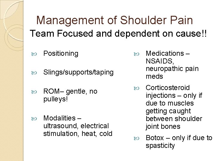 Management of Shoulder Pain Team Focused and dependent on cause!! Positioning Slings/supports/taping ROM– gentle,