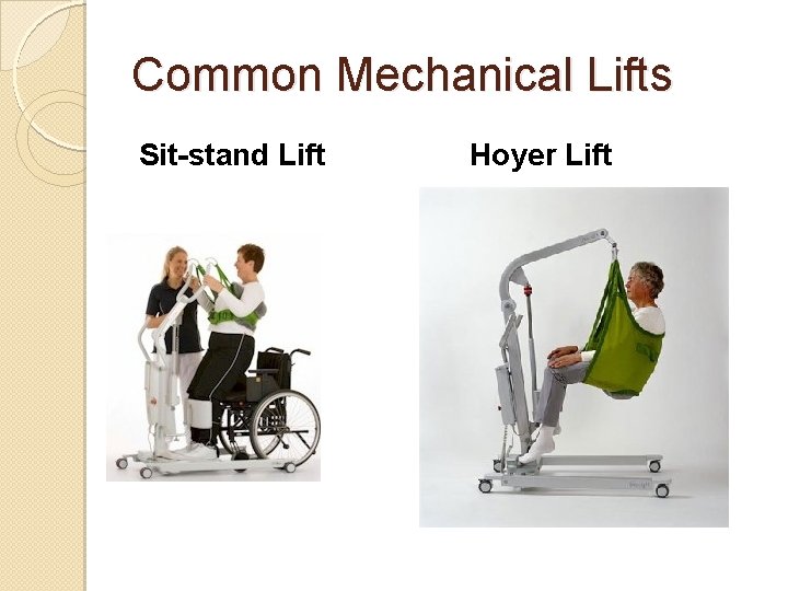 Common Mechanical Lifts Sit-stand Lift Hoyer Lift 