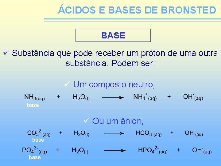 ÁCIDOS E BASES DE BRONSTED BASE ü Substância que pode receber um próton de