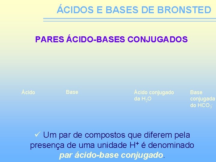 ÁCIDOS E BASES DE BRONSTED PARES ÁCIDO-BASES CONJUGADOS Ácido Base Ácido conjugado da H