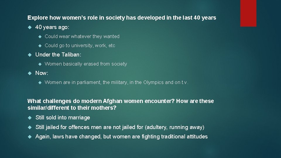 Explore how women’s role in society has developed in the last 40 years ago: