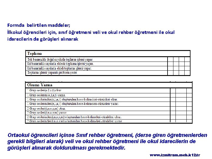Formda belirtilen maddeler; İlkokul öğrencileri için, sınıf öğretmeni veli ve okul rehber öğretmeni ile
