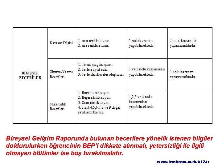 Bireysel Gelişim Raporunda bulunan becerilere yönelik istenen bilgiler doldurulurken öğrencinin BEP’i dikkate alınmalı, yetersizliği