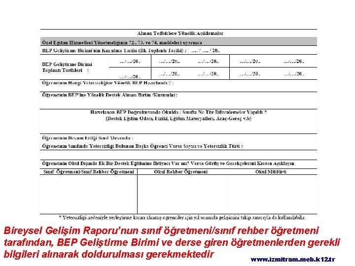 Bireysel Gelişim Raporu’nun sınıf öğretmeni/sınıf rehber öğretmeni tarafından, BEP Geliştirme Birimi ve derse giren