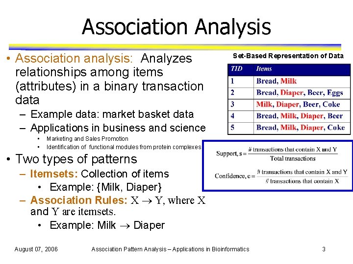 Association Analysis • Association analysis: Analyzes relationships among items (attributes) in a binary transaction