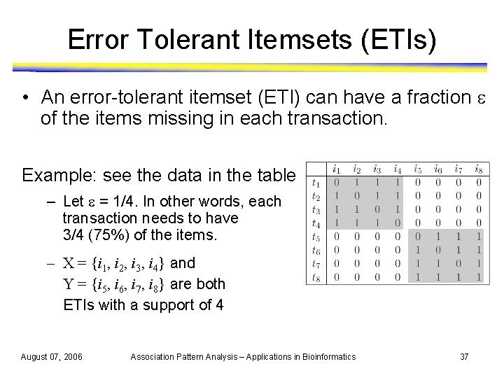 Error Tolerant Itemsets (ETIs) • An error-tolerant itemset (ETI) can have a fraction of