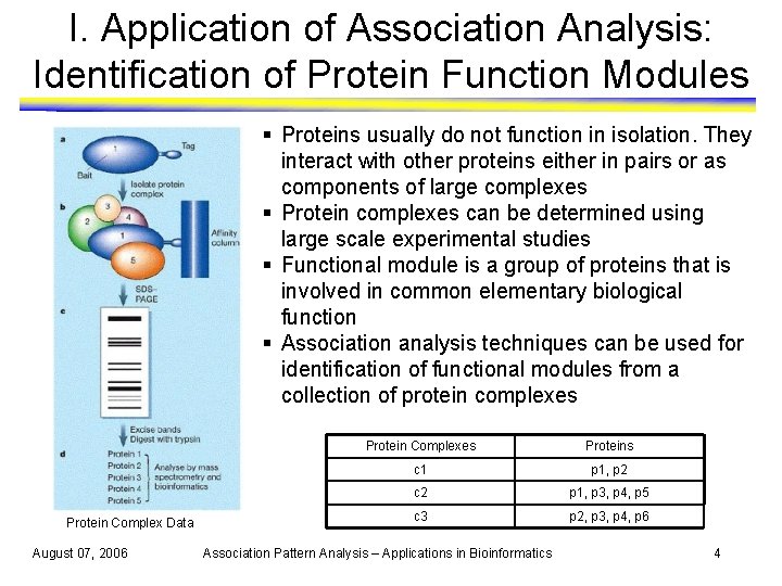 I. Application of Association Analysis: Identification of Protein Function Modules § Proteins usually do