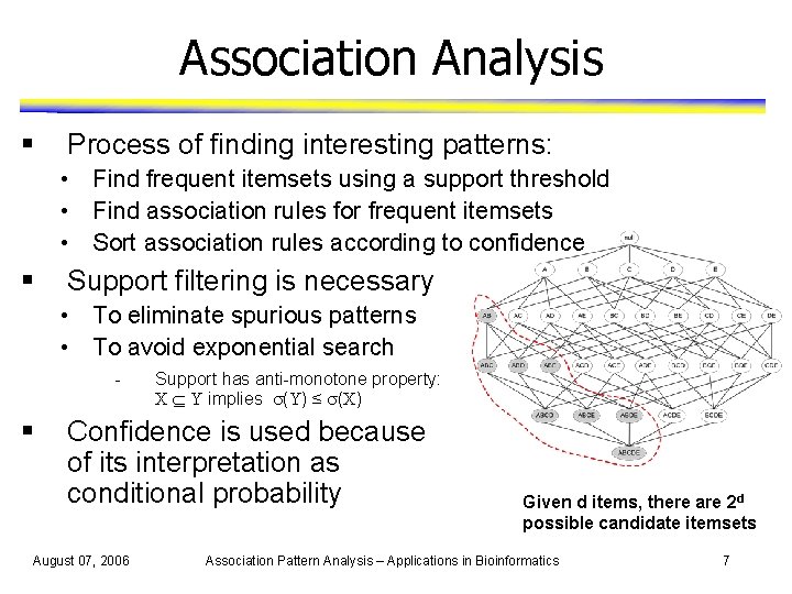 Association Analysis § Process of finding interesting patterns: • Find frequent itemsets using a