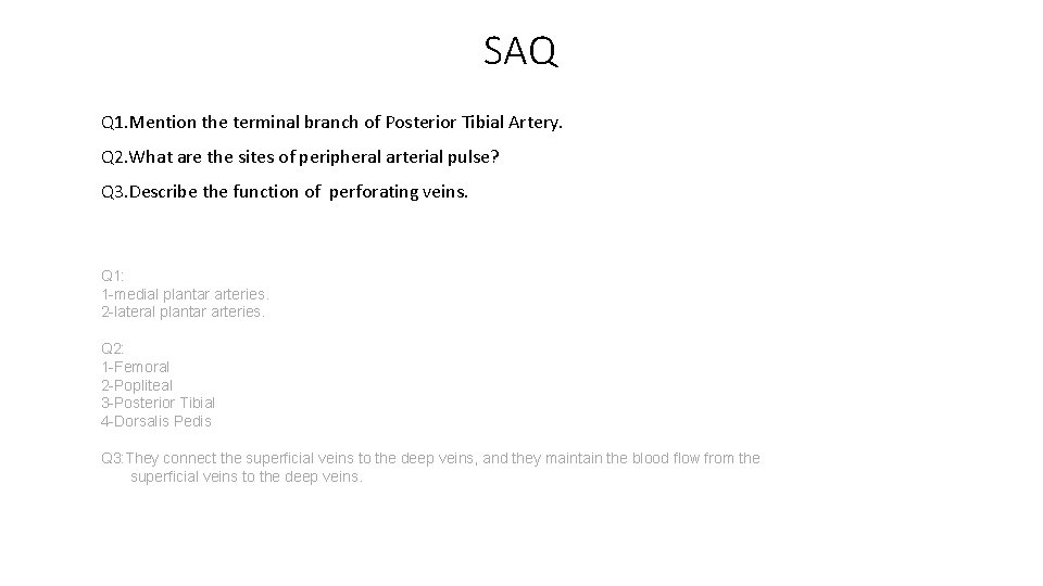 SAQ Q 1. Mention the terminal branch of Posterior Tibial Artery. Q 2. What