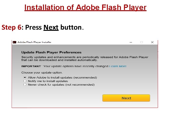 Installation of Adobe Flash Player Step 6: Press Next button. 