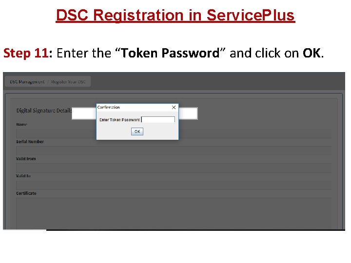 DSC Registration in Service. Plus Step 11: Enter the “Token Password” and click on