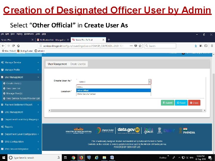Creation of Designated Officer User by Admin Select “Other Official” in Create User As