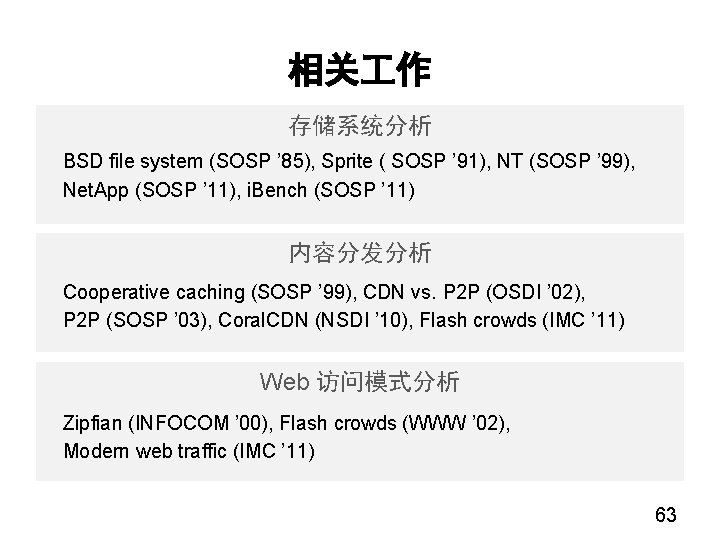 相关 作 存储系统分析 BSD file system (SOSP ’ 85), Sprite ( SOSP ’ 91),