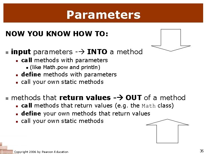 Parameters NOW YOU KNOW HOW TO: n input parameters - INTO a method n