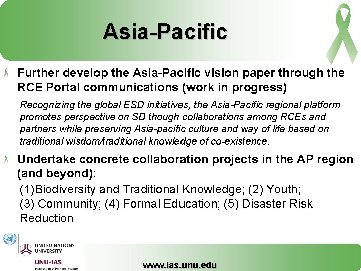 Asia-Pacific Further develop the Asia-Pacific vision paper through the RCE Portal communications (work in