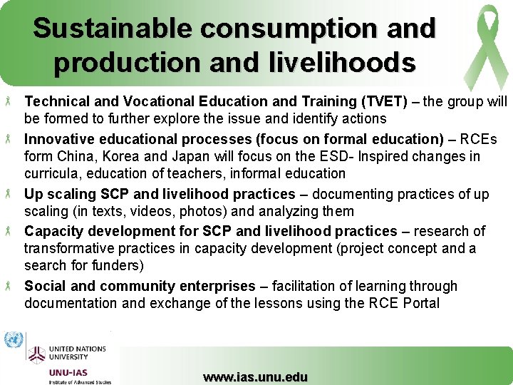 Sustainable consumption and production and livelihoods Technical and Vocational Education and Training (TVET) –
