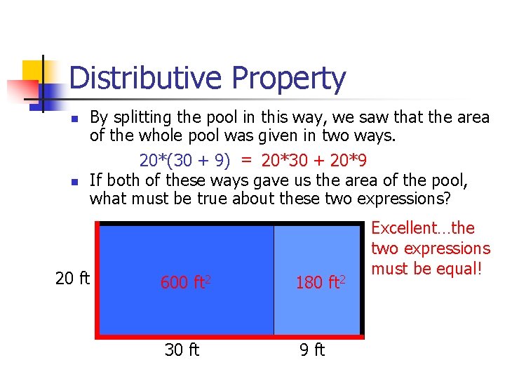 Distributive Property n n By splitting the pool in this way, we saw that