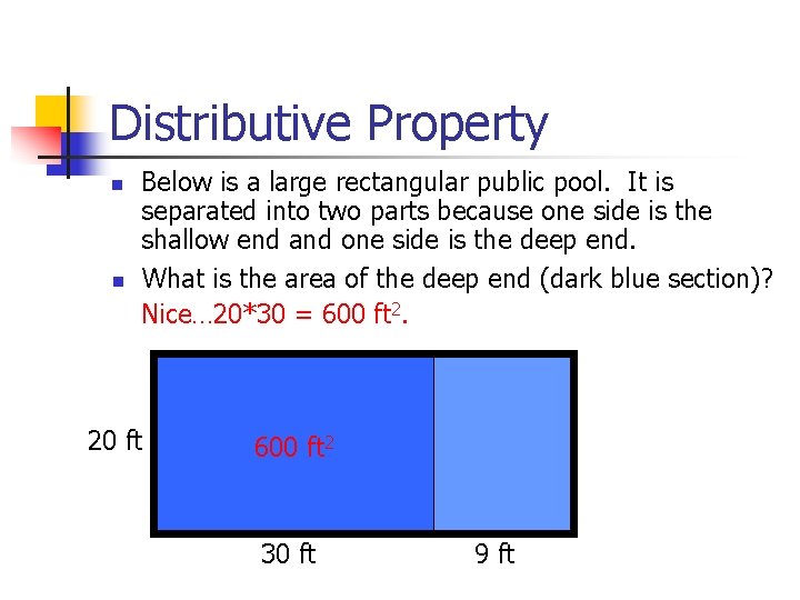 Distributive Property n n Below is a large rectangular public pool. It is separated