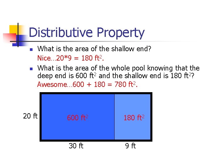 Distributive Property n n What is the area of the shallow end? Nice… 20*9