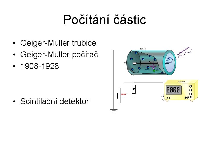 Počítání částic • Geiger-Muller trubice • Geiger-Muller počítač • 1908 -1928 • Scintilační detektor